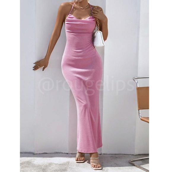 Glitter Lurex Pink Cowl Neck Backless Tie Straps Maxi Long Dress - Picture 8 of 10
